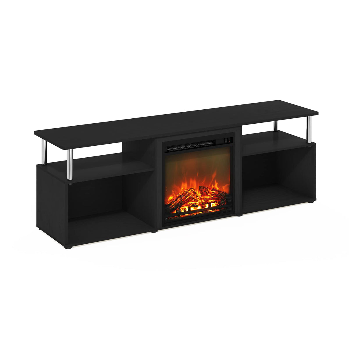 Jensen Open Storage Fireplace Entertainment Center for TV up to 70 Inch with Stainless Steel Tubes, Americano/Chrome