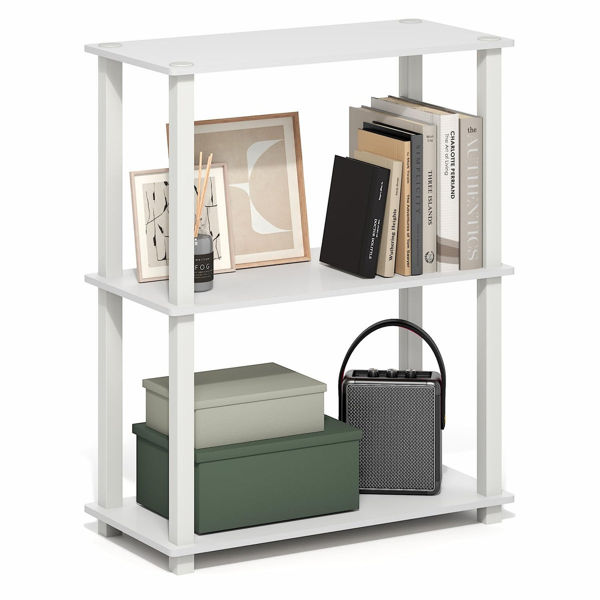 99152BE/WH/IV 3-Tier Go Green Multipurpose Storage Rack Shelving Unit Bookshelf Cabinet with 2 Bins, Beech Finish