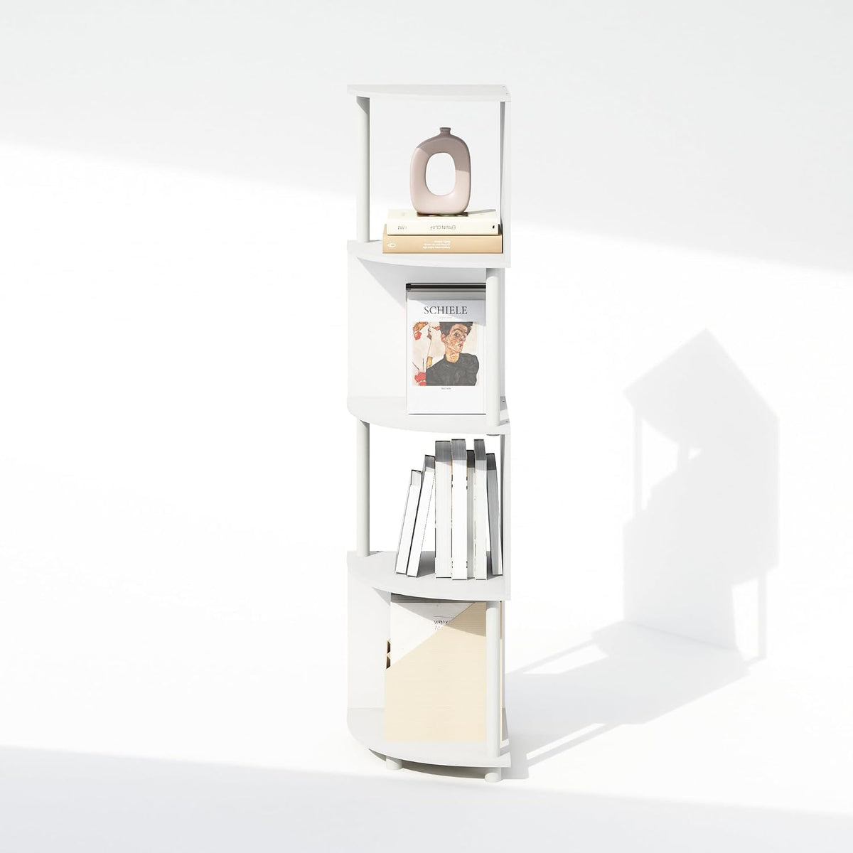 Basic Book Shelf, 4-Tier Bookshelf, Bookcase with Zigzag Corner Shelf, 14.2 x 14.2 x 57.7, for Living Room, Bedroom, Home Office, White/White