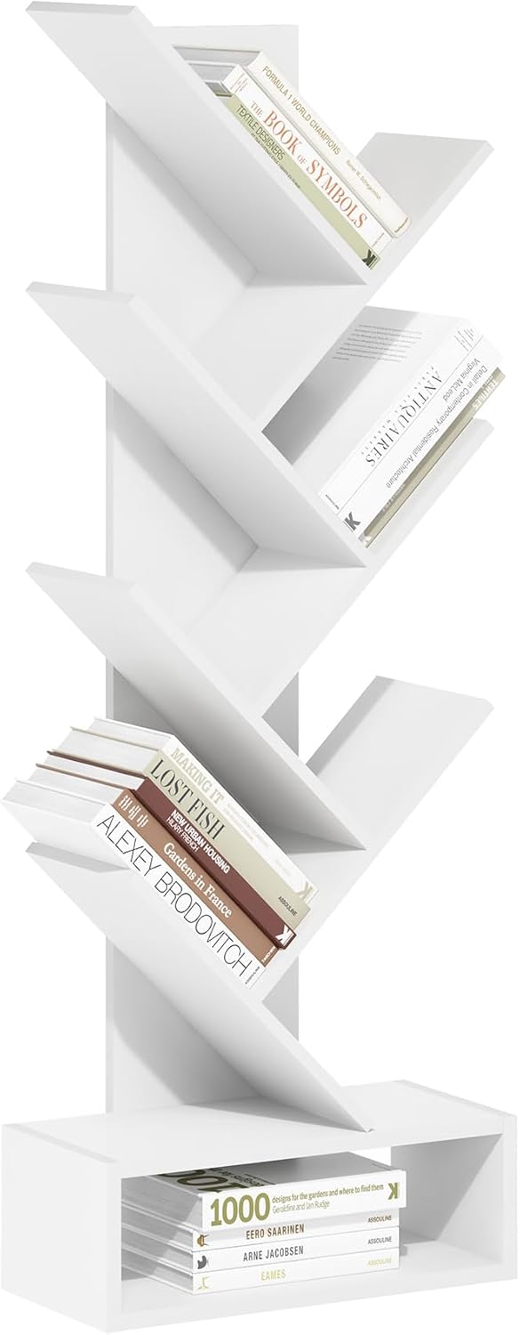 Tree Book Shelf, 7-Tier Bookshelf, Tree Bookcase with Bottom Shelf, 8.4 x 16.9 x 46.2, for Living Room, Bedroom, Home Office, White