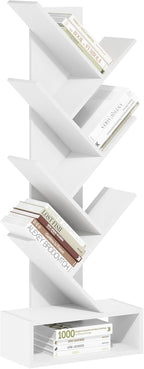 Tree Book Shelf, 7-Tier Bookshelf, Tree Bookcase with Bottom Shelf, 8.4 x 16.9 x 46.2, for Living Room, Bedroom, Home Office, White