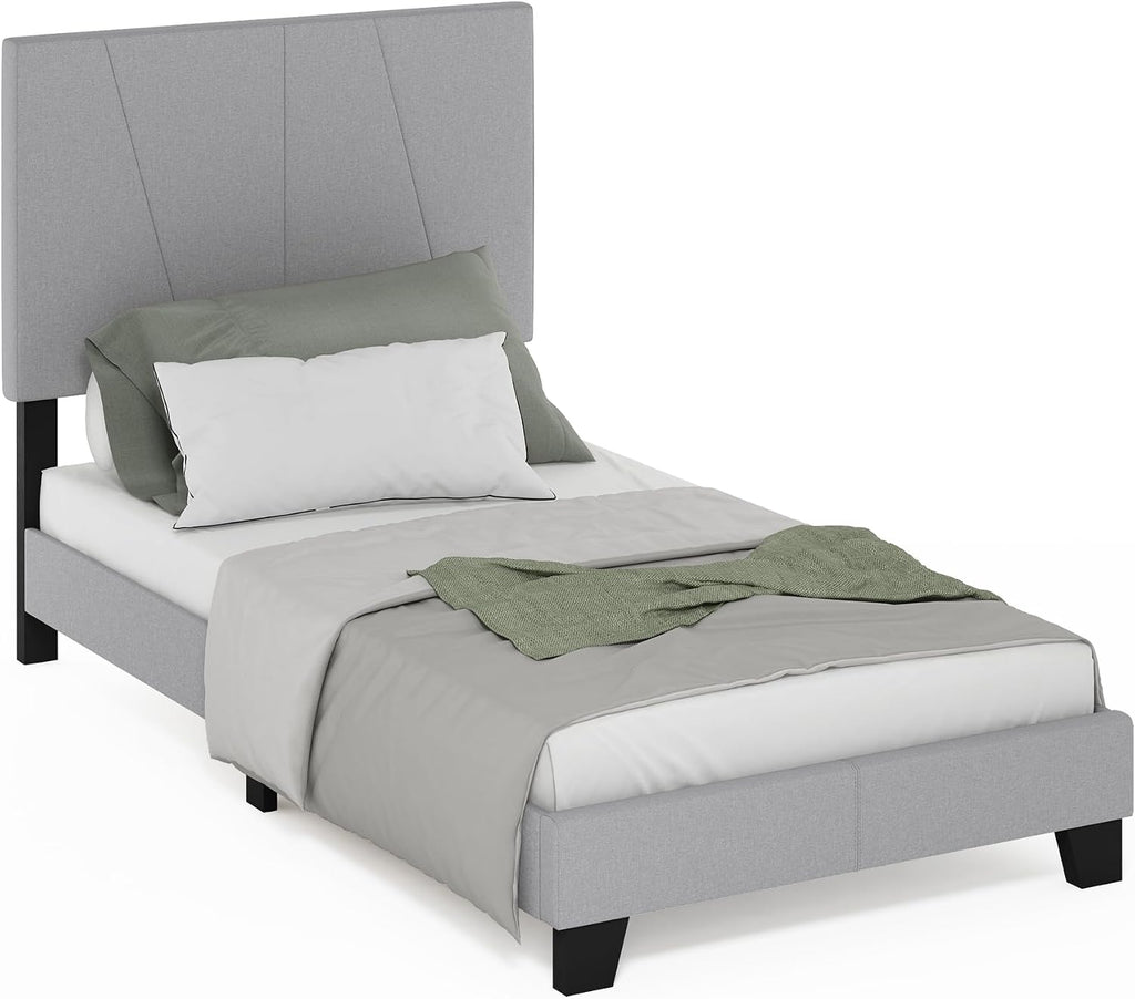 Lucy Bed Frame, Twin Size Bedframe with Geometric Design Upholstered Headboard, Bed with Adjustable Headboard, No Box Spring Needed, 12pcs Wooden Slat Support, for Bedroom, Dorm, Glacier