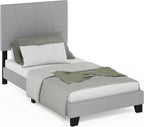 Lucy Bed Frame, Twin Size Bedframe with Geometric Design Upholstered Headboard, Bed with Adjustable Headboard, No Box Spring Needed, 12pcs Wooden Slat Support, for Bedroom, Dorm, Glacier