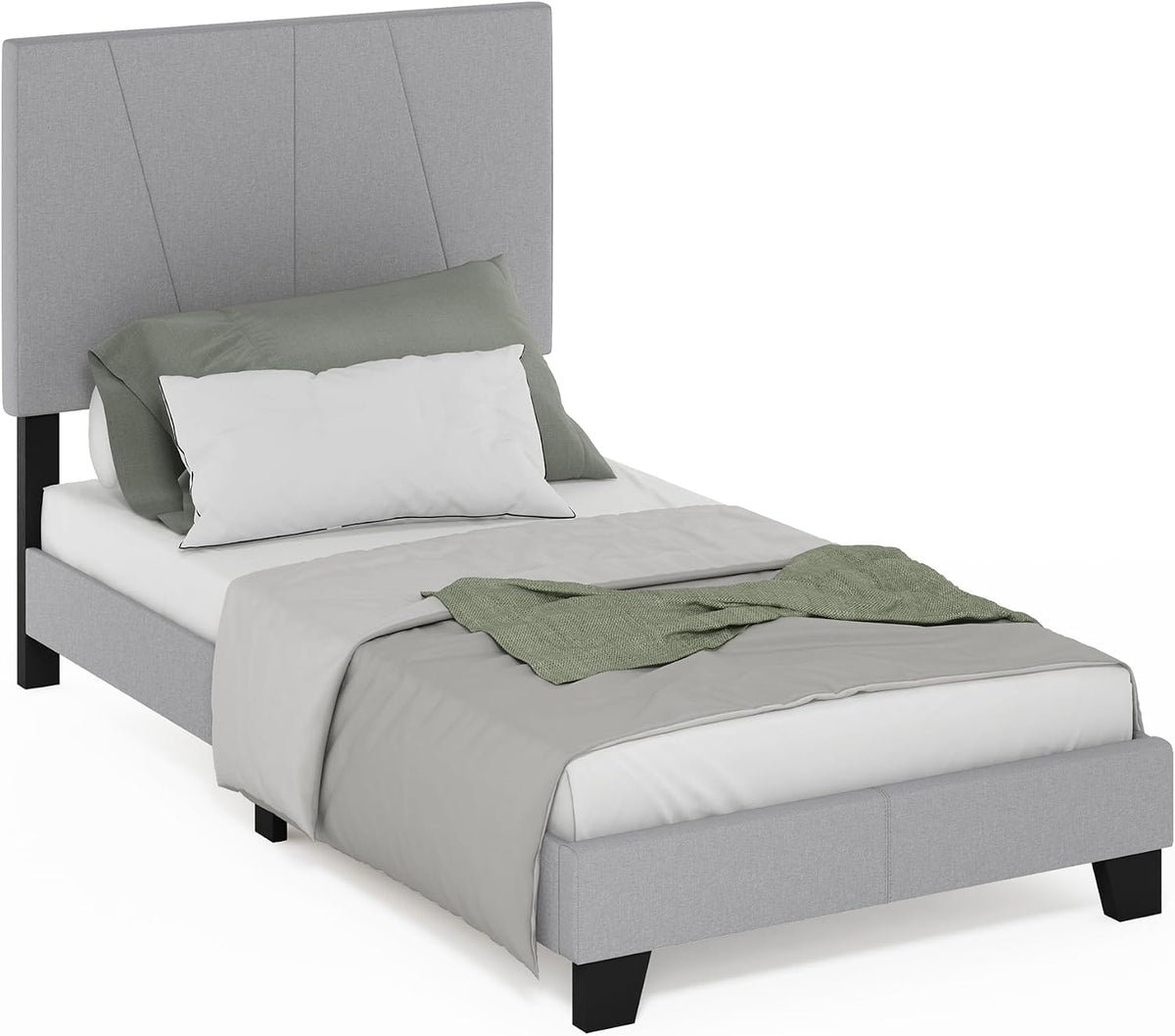 Lucy Twin Size Bed Frame with Geometric Design Upholstered Headboard, Bedframe with Adjustable Headboard, No Box Spring Needed, 12pcs Wooden Slat Support, for Bedroom, Dorm, Light Grey