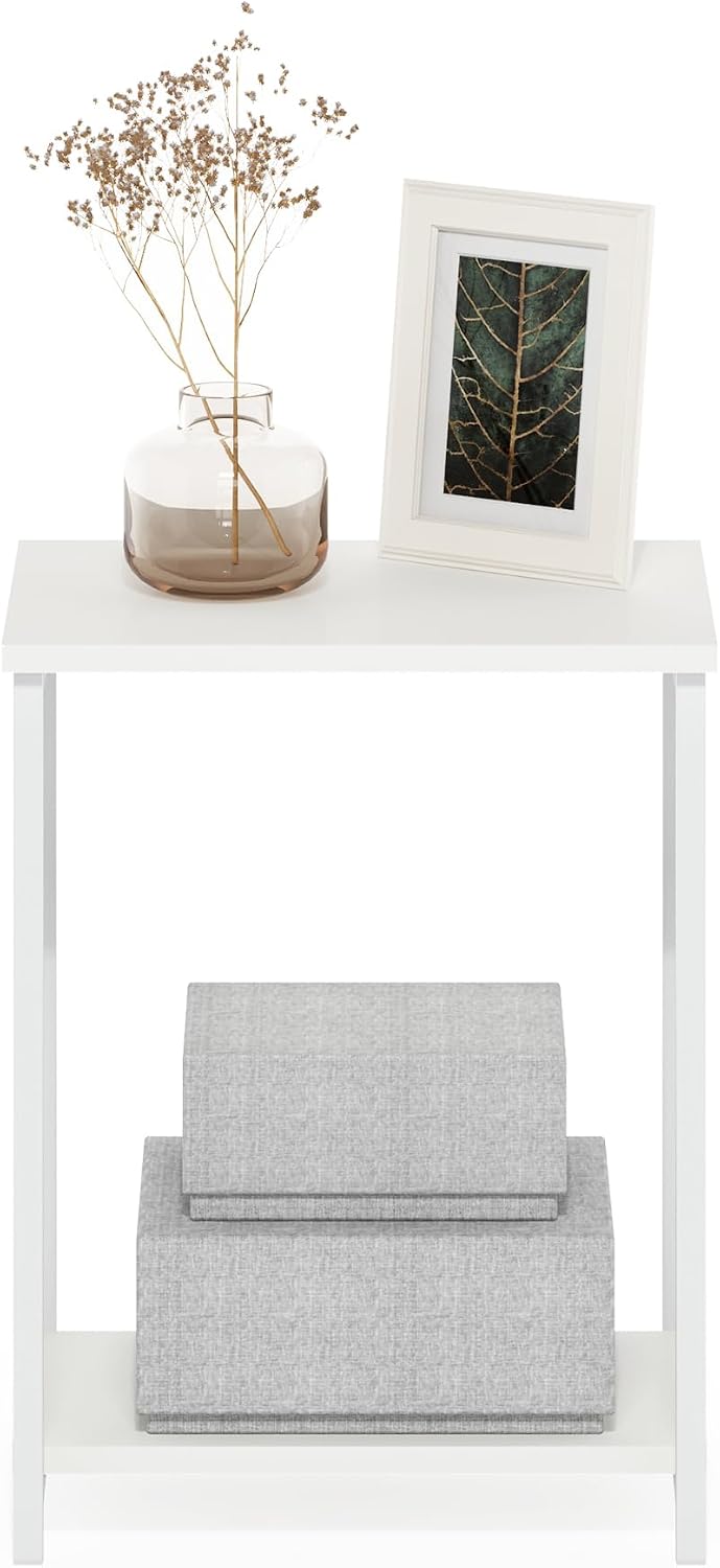 Simplistic Side Table, 2-Tier Metal Frame Modern End Table with Open Shelf, Night Stand, Bedside Table, for Living Room, Bedroom, White