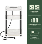 JUST Side Table Set of 2, 3-Tier Modern End Table with Charging Station, Open Shelf Night Stand, Bedside Table with USB and Type-C Port, for Living Room, Bedroom, Marble White