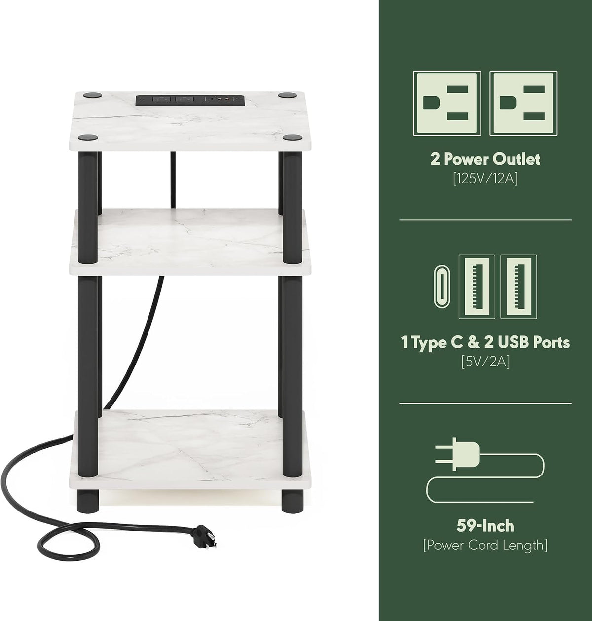 JUST Side Table Set of 2, 3-Tier Modern End Table with Charging Station, Open Shelf Night Stand, Bedside Table with USB and Type-C Port, for Living Room, Bedroom, Marble White