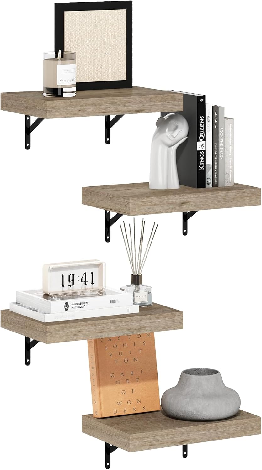 Tanna Floating Shelves for Wall Set of 4, 15-Inch Wall Shelf, Wall Mounted Shelf, for Bathroom, Home Office, Living Room, Natural