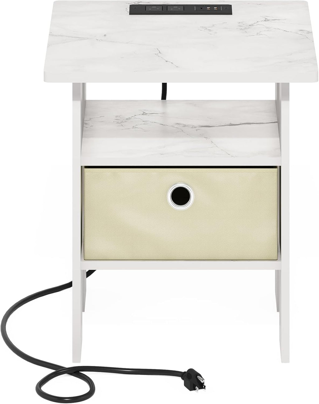 Andrey Charging Station Nightstand with Storage Bin, Marble White