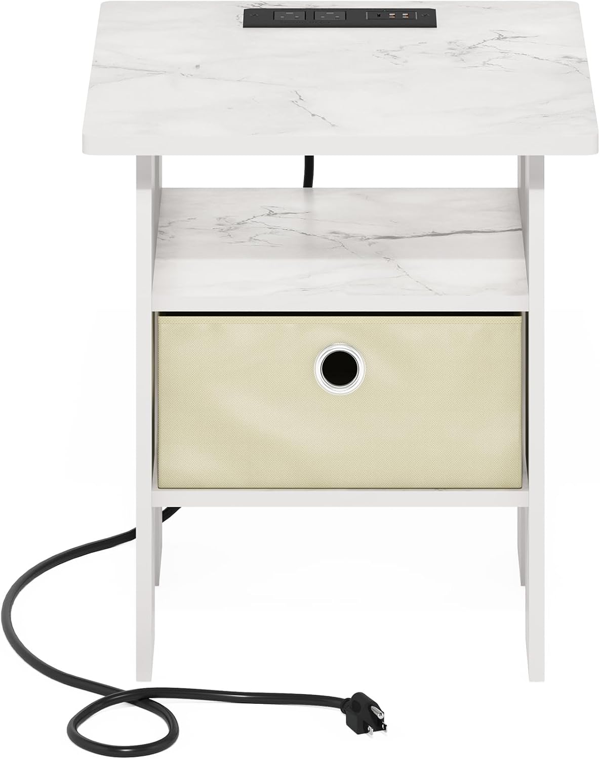 Andrey Charging Station Nightstand with Storage Bin, Marble White