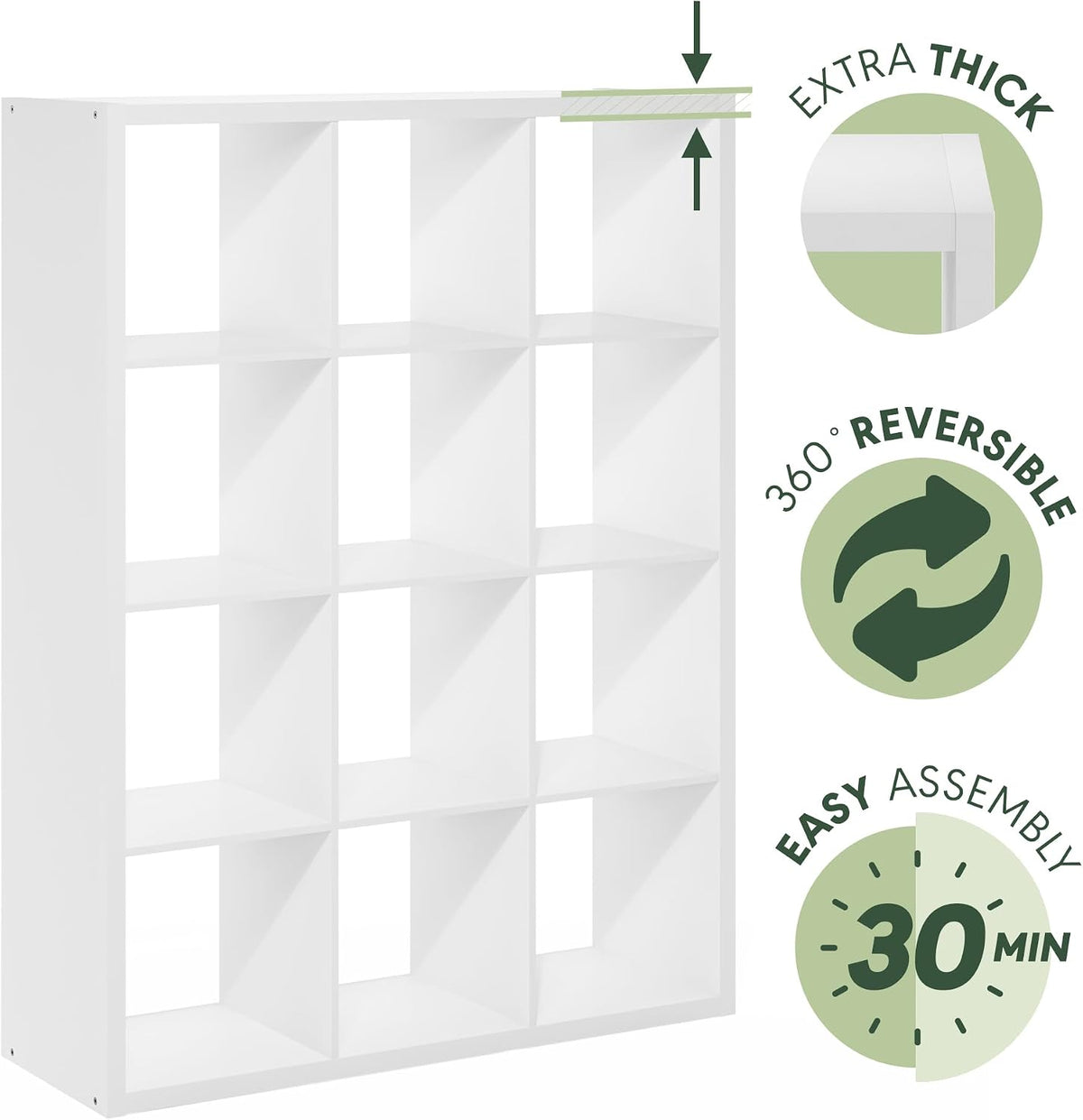 Book Shelf, 12-Cube Bookshelf, Extra Thick Frame Reversible Tall Wide Bookcase with Open Back, 14.6 x 43.8 x 58, for Living Room, Bedroom, Home Office, Plain White
