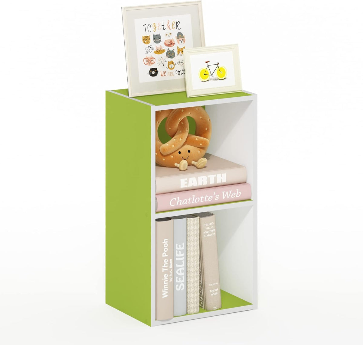 PASIR Book Shelf, 2-Tier Modern Bookshelf, Open Shelves Bookcase 9 x 12 x 21, Easy Assembly, for Living Room, Bedroom, Home Office, Green/White