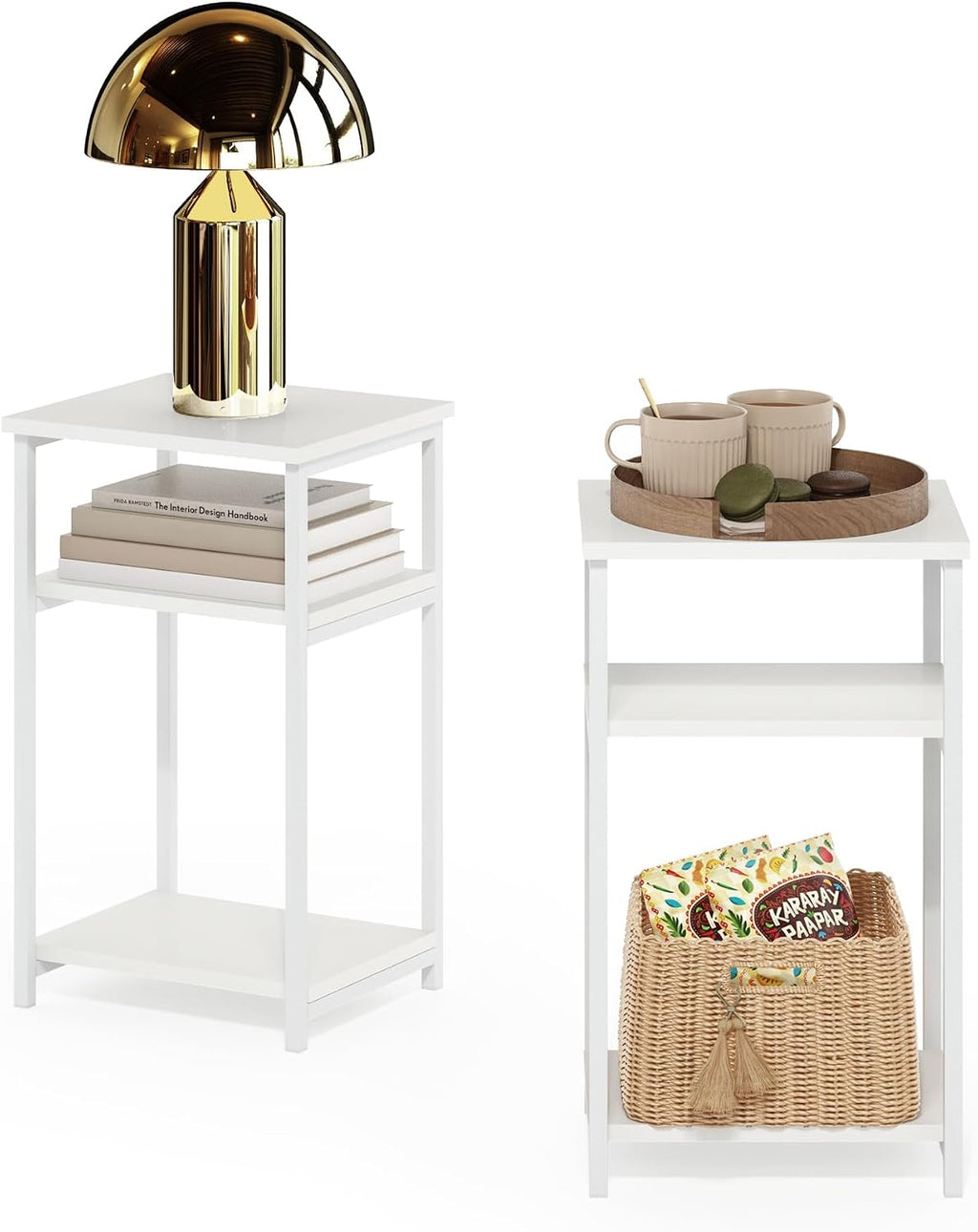 JUST 3-Tier Telephone Table Set of 2, Metal Frame Modern Side Table with Open Shelf, Night Stand, Bedside Table, Easy Assembly, for Living Room, Bedroom, White
