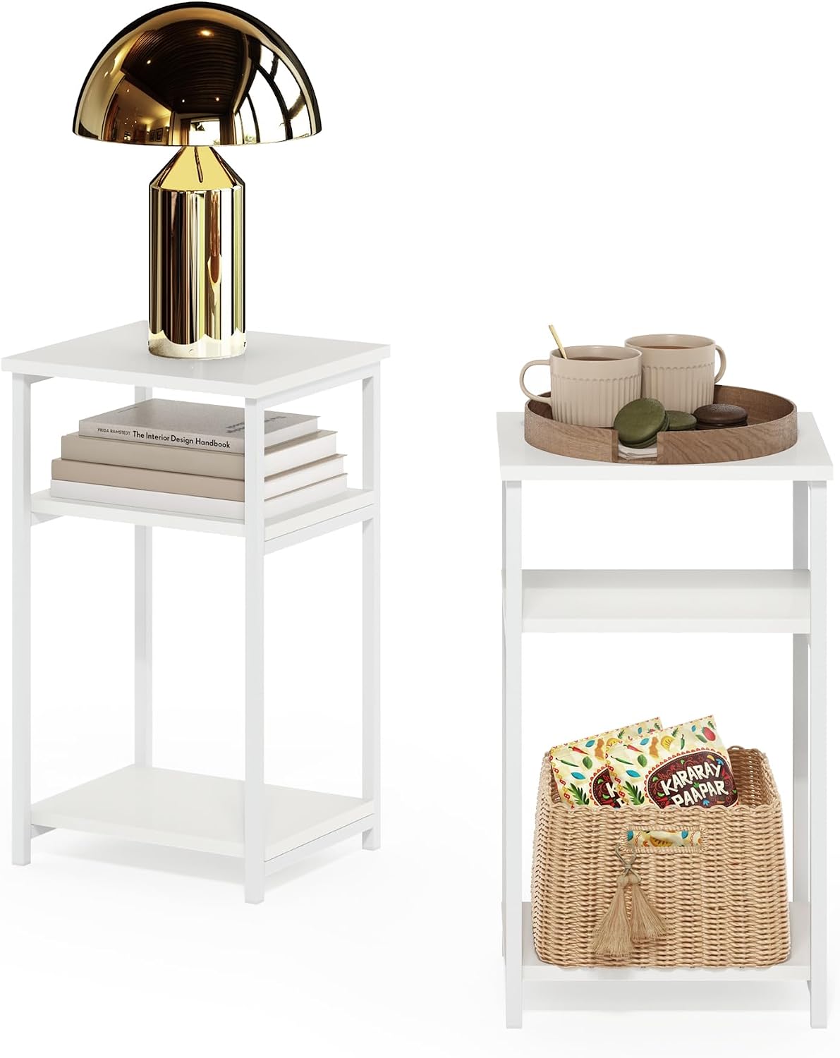 JUST 3-Tier Telephone Table Set of 2, Metal Frame Modern Side Table with Open Shelf, Night Stand, Bedside Table, Easy Assembly, for Living Room, Bedroom, White