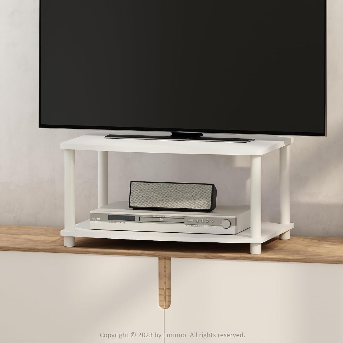 Turn-N-Tube TV Riser Stand, 2-Tier Small Elevated No Tools TV Stand, Console for TV up to 32 inch, 15.8 x 23.8 x 11, for Living Room, Bedroom, White