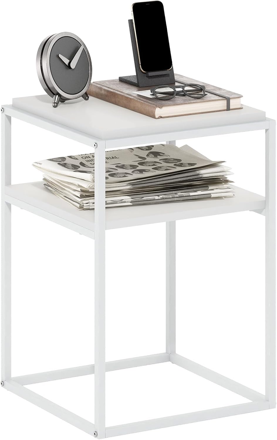 Moretti Side Table, 2-Tier Stackable Metal Frame End Table with Open Shelf, Night Stand, Bedside Table, Toolless Assembly, for Living Room, Bedroom, Solid White