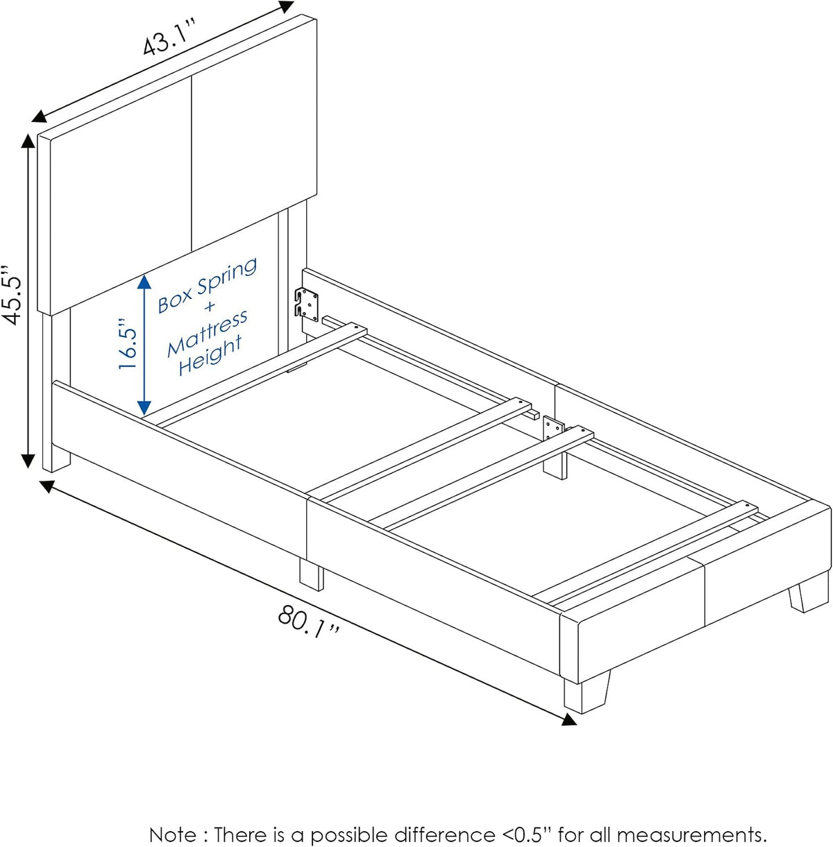 PESSAC Bed Frame, Twin Size Bedframe with PU Leather Upholstery Headboard, Bed with Legs, Wooden Slat Support, Easy Assembly, for Bedroom, Dorm, Plain White