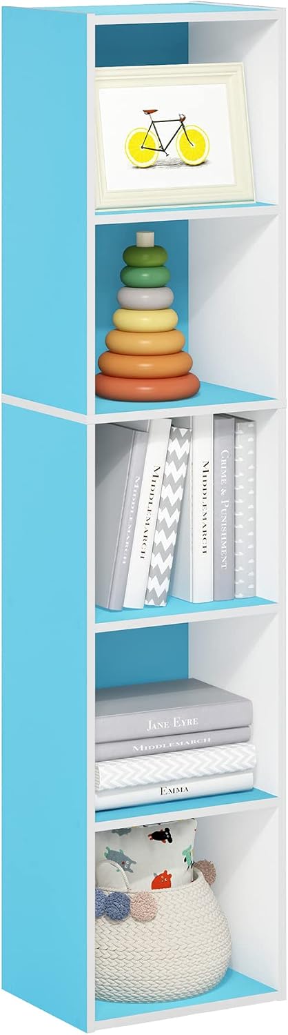 PASIR Book Shelf, 5-Tier Modern Bookshelf, Open Shelves Bookcase 9 x 12 x 52, Easy Assembly, for Living Room, Bedroom, Home Office, Light Blue/White