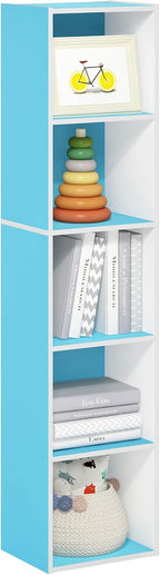 PASIR Book Shelf, 5-Tier Modern Bookshelf, Open Shelves Bookcase 9 x 12 x 52, Easy Assembly, for Living Room, Bedroom, Home Office, Light Blue/White