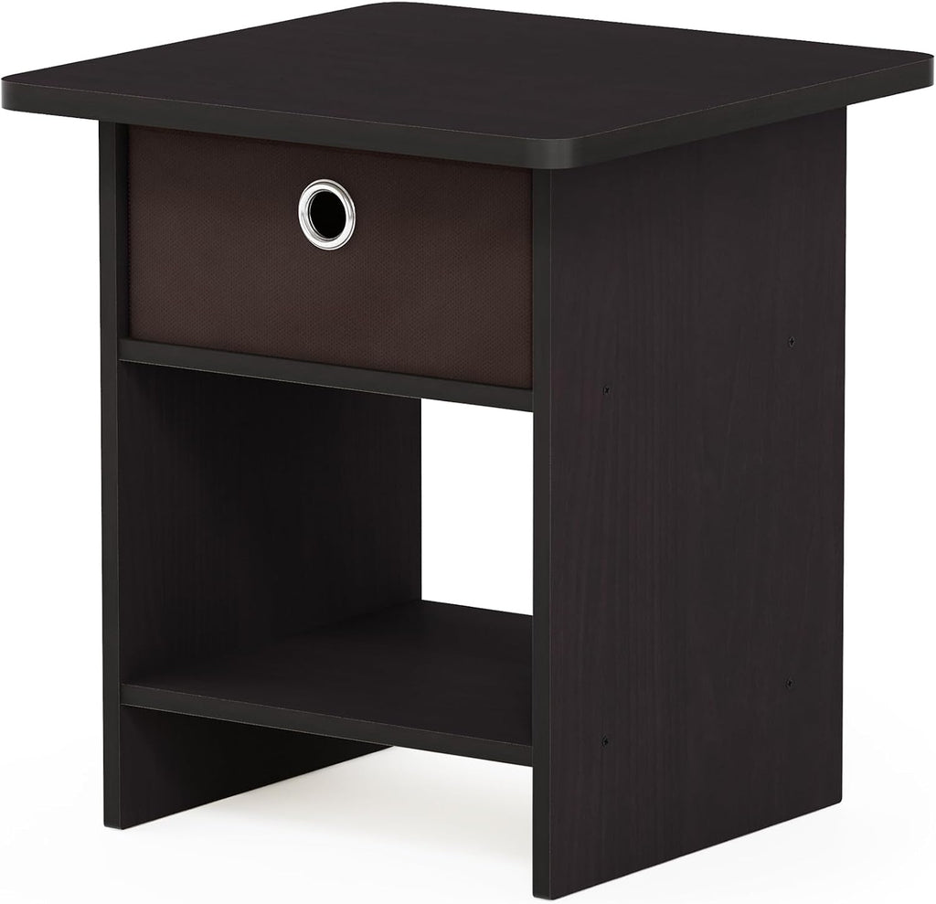 Dario Side Table with Bin Drawer, Black End Table with Open Shelves, Night Stand, Bedside Table for Living Room, Bedroom, Home Office, Dark Mocha