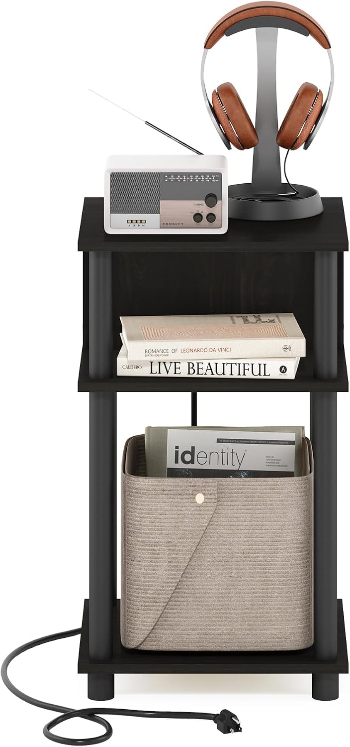 Just 3-Tier Turn-N-Tube Open Storage End Table with USB and Type-C Charging Port, 11.42 (W) x 9.92 (H) x 6.91 (D) inches, Espresso/Black
