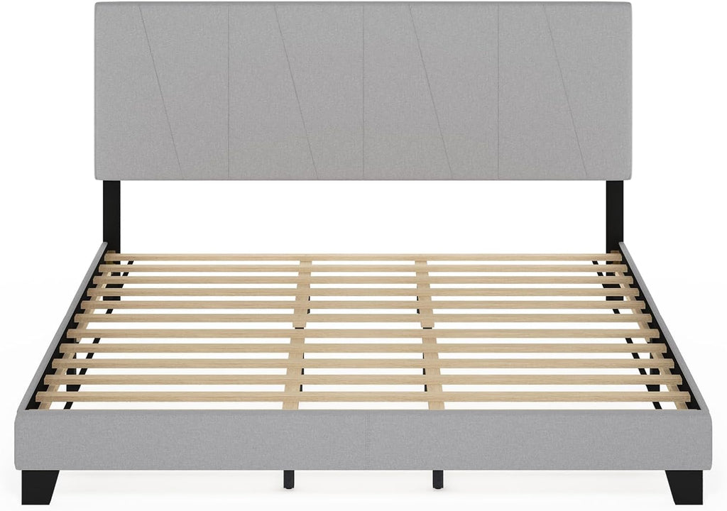 Lucy Bed Frame, King Size Bedframe with Geometric Design Upholstered Headboard, Bed with Adjustable Headboard, No Box Spring Needed, 12pcs Wooden Slat Support, for Bedroom, Dorm, Glacier