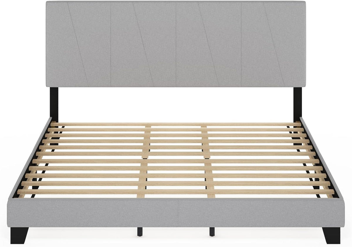 Lucy Bed Frame, King Size Bedframe with Geometric Design Upholstered Headboard, Bed with Adjustable Headboard, No Box Spring Needed, 12pcs Wooden Slat Support, for Bedroom, Dorm, Glacier