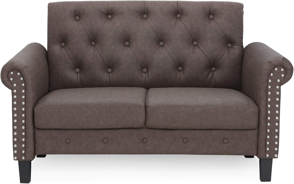 Bastia Vintage Modern Chesterfield Button Tufted Loveseat/Sofa Couch for Living Room, Brown Faux Leather