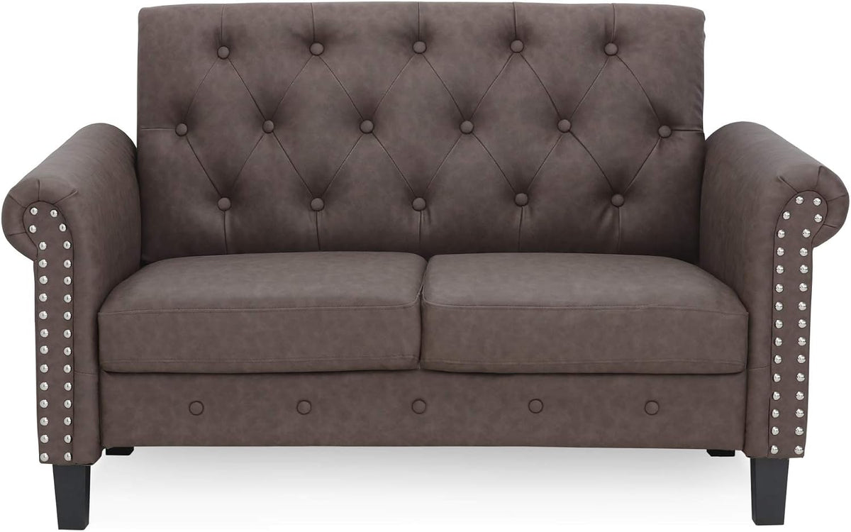 Bastia Vintage Modern Chesterfield Button Tufted Loveseat/Sofa Couch for Living Room, Brown Faux Leather