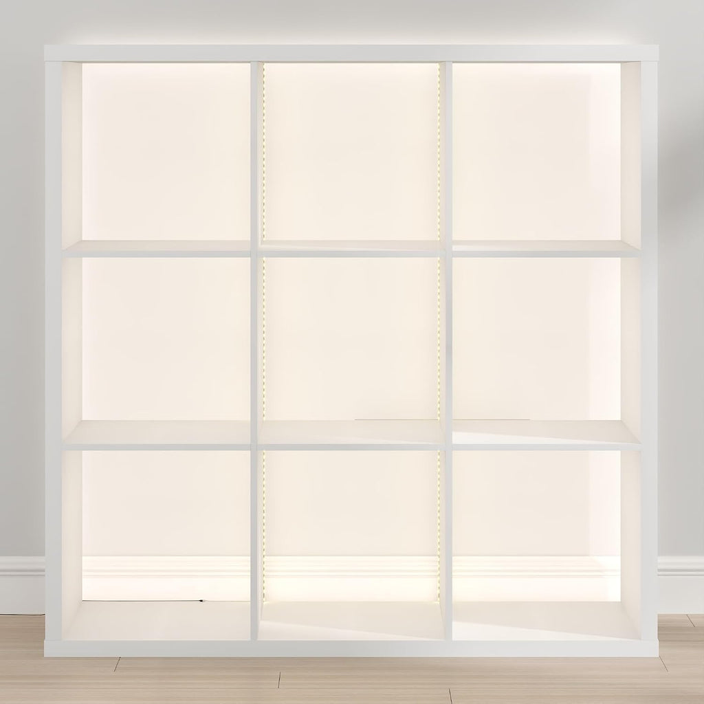 Cubicle Book Shelf with LED Lights, 9-Cube Bookshelf, Reversible Extra Thick Frame Bookcase, Display Storage Shelves, for Living Room, Bedroom, Home Office, White