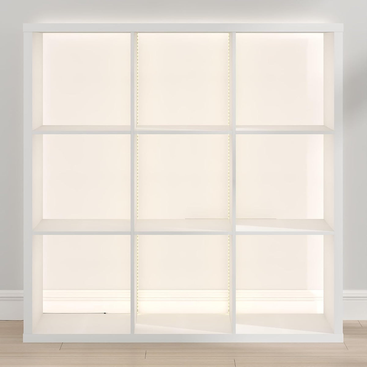 Cubicle Book Shelf with LED Lights, 9-Cube Bookshelf, Reversible Extra Thick Frame Bookcase, Display Storage Shelves, for Living Room, Bedroom, Home Office, White