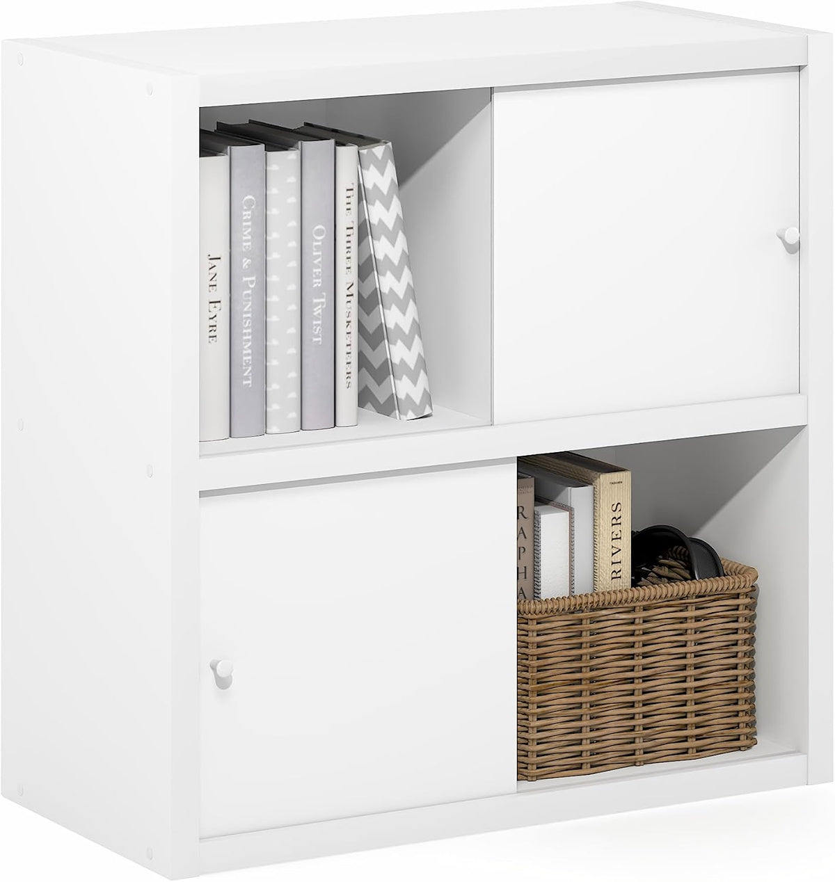 Cubicle 4-Cube Book Shelf with Sliding Doors, White
