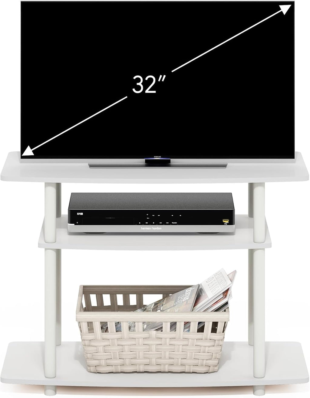 Turn-N-Tube TV Stand, 3-Tier No Tools Entertainment Center, TV Console for TV up to 32 Inch, for Living Room, Bedroom, White