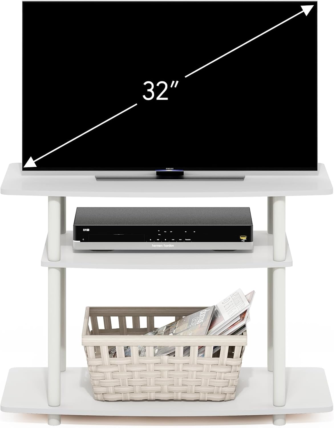 Turn-N-Tube TV Stand, 3-Tier No Tools Entertainment Center, TV Console for TV up to 32 Inch, for Living Room, Bedroom, White