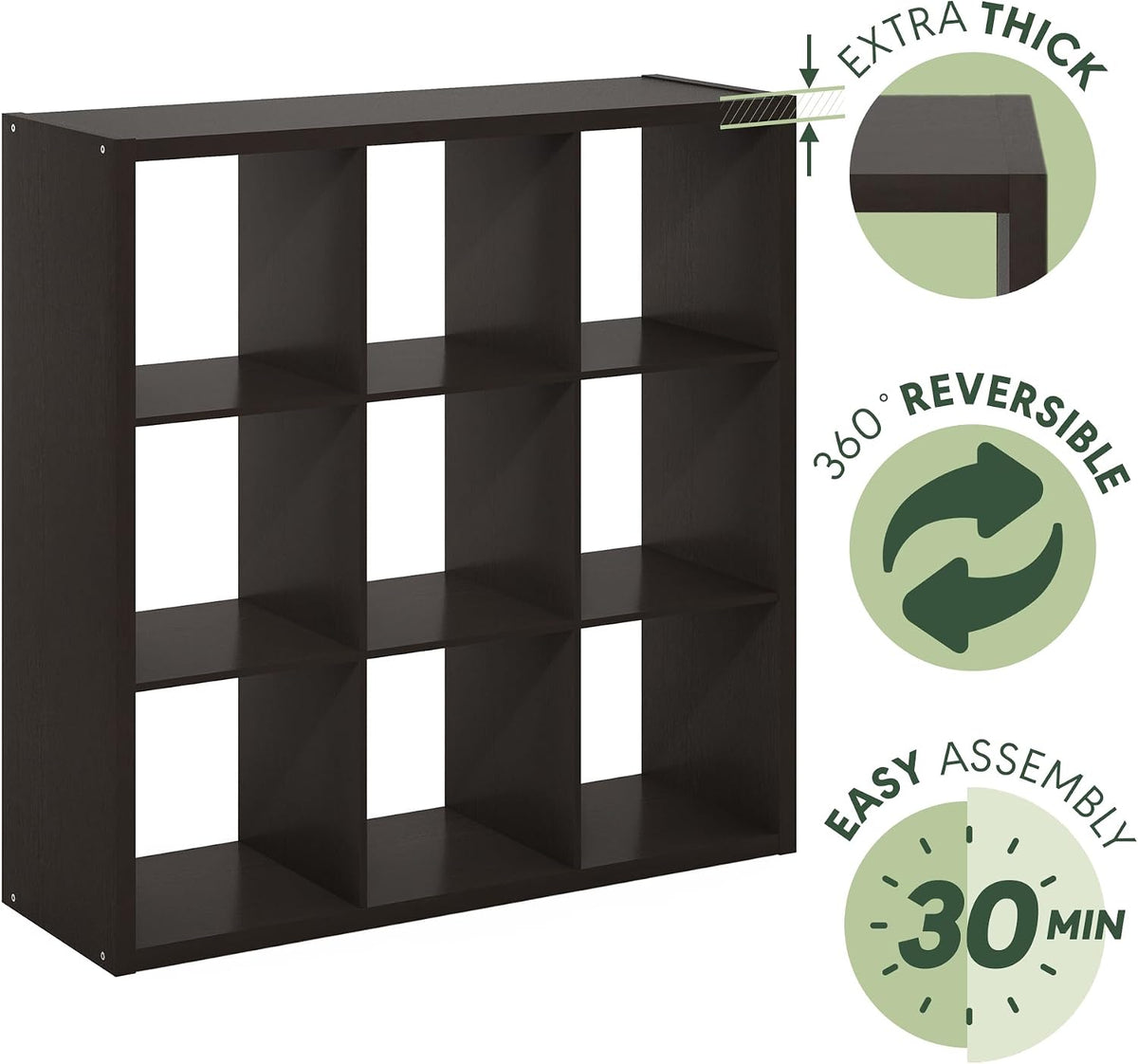 CUBICLE 9-Cube Book Shelf, Extra Thick Frame Bookshelf, Dark Oak