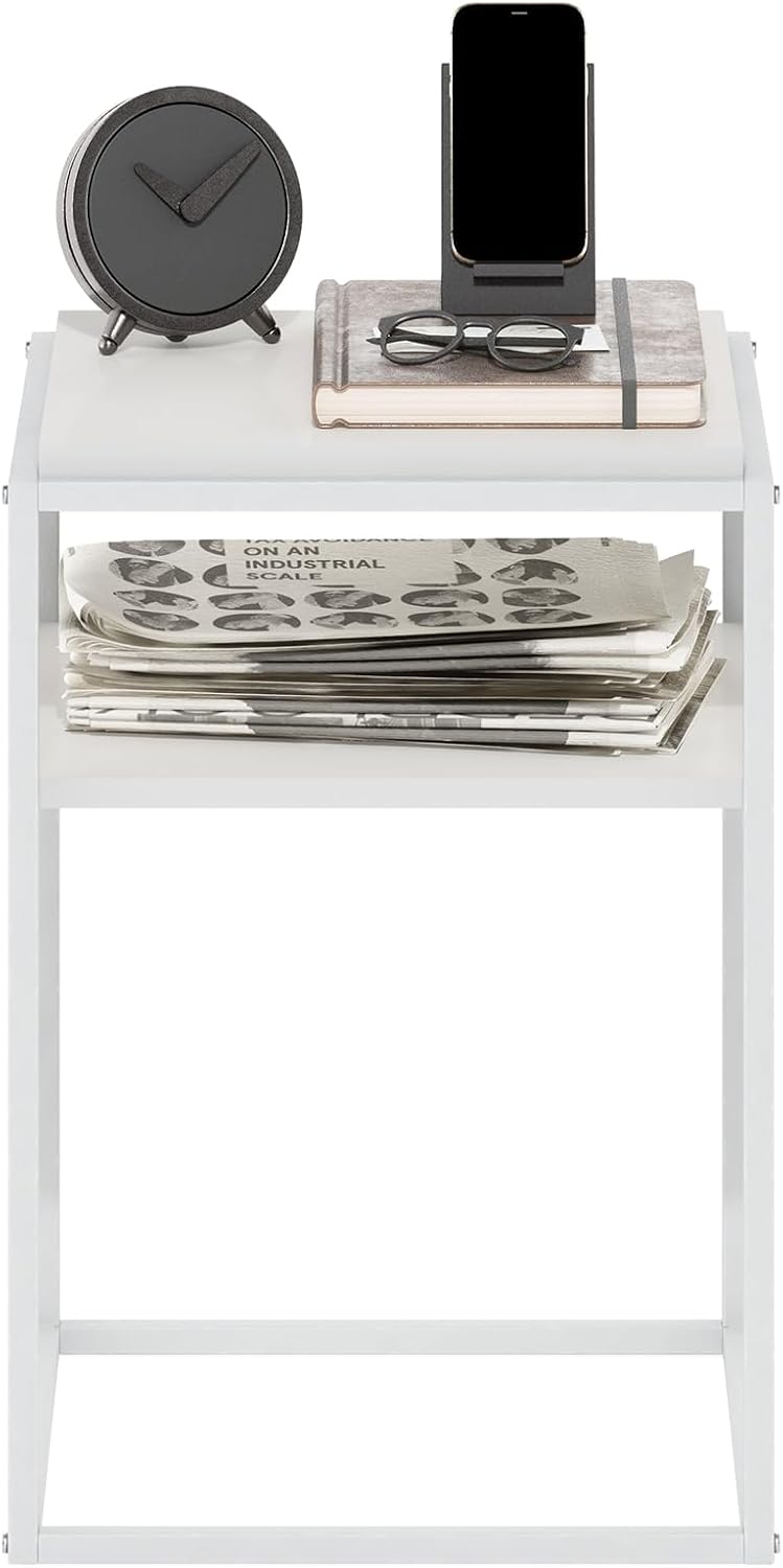 Moretti Side Table, 2-Tier Stackable Metal Frame End Table with Open Shelf, Night Stand, Bedside Table, Toolless Assembly, for Living Room, Bedroom, Solid White
