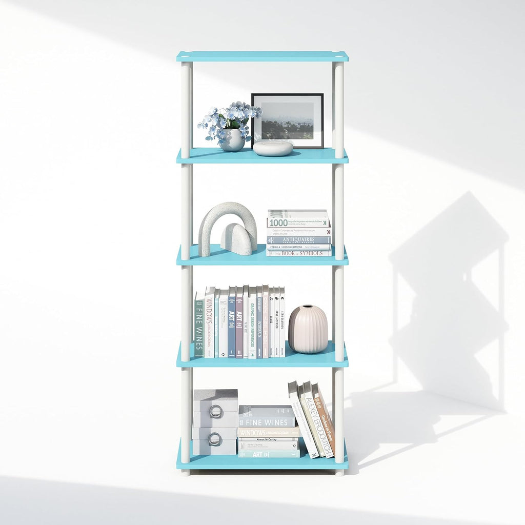 Turn-N-Tube Book Shelf, 5-Tier Bookshelf, Bookcase with Multipurpose Compact Display Rack, 11.6 x 23.6 x 57.4, for Living Room, Bedroom, Home Office, Light Blue/White