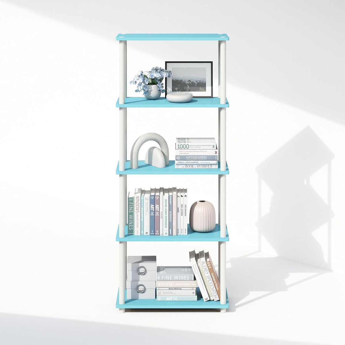 Turn-N-Tube Book Shelf, 5-Tier Bookshelf, Bookcase with Multipurpose Compact Display Rack, 11.6 x 23.6 x 57.4, for Living Room, Bedroom, Home Office, Light Blue/White