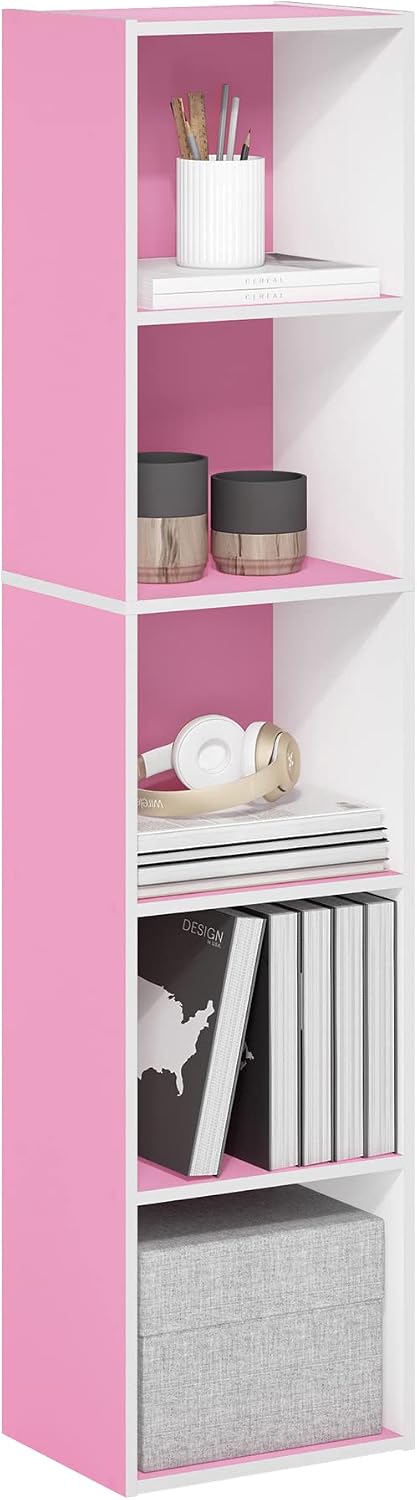 PASIR Book Shelf, 5-Tier Modern Bookshelf, Open Shelves Bookcase 9 x 12 x 52, Easy Assembly, for Living Room, Bedroom, Home Office, Pink/White