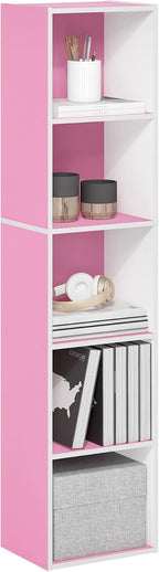 PASIR Book Shelf, 5-Tier Modern Bookshelf, Open Shelves Bookcase 9 x 12 x 52, Easy Assembly, for Living Room, Bedroom, Home Office, Pink/White