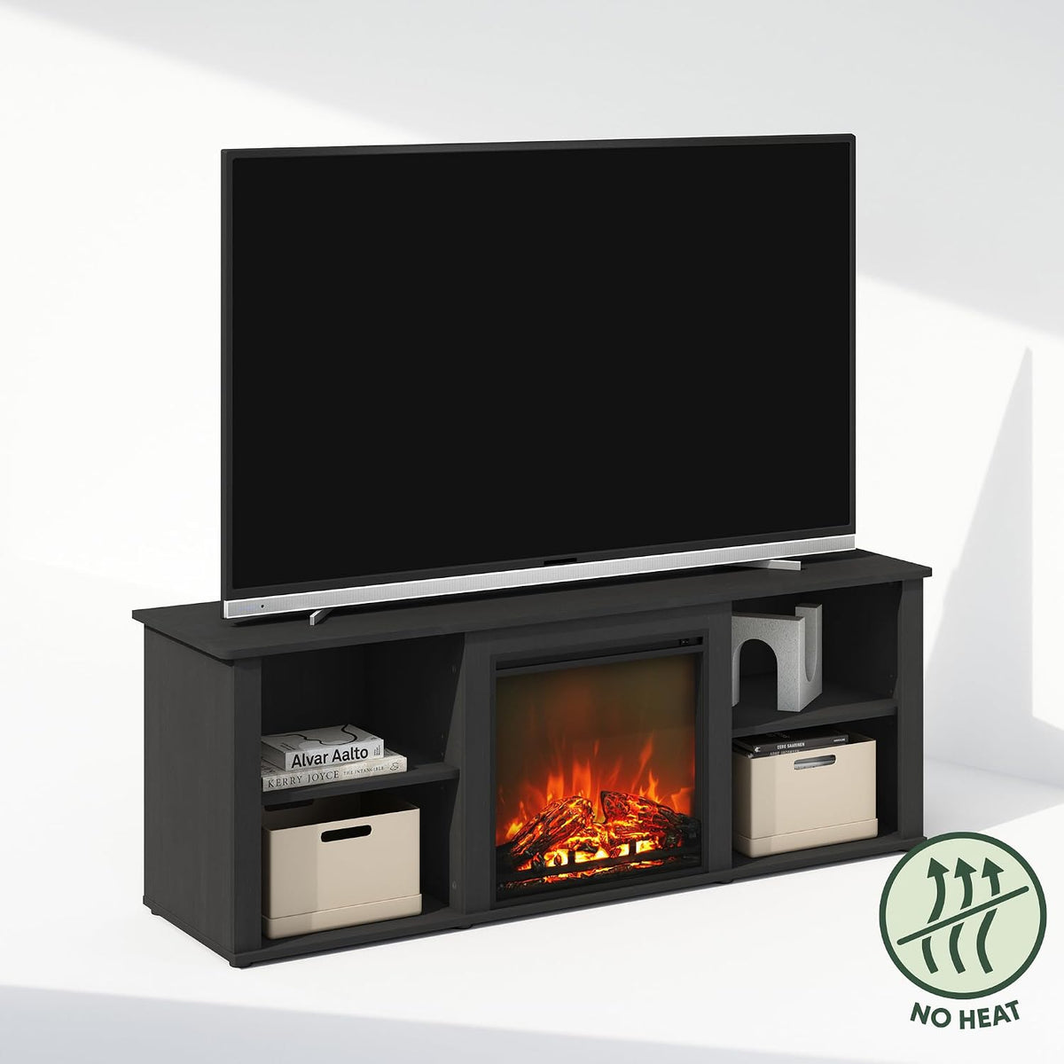 Jensen Fireplace TV Stand, NO Heat Decorative Electric Fireplace TV Stand for TV up to 60 Inch, with Open Storage, for Living Room, Americano