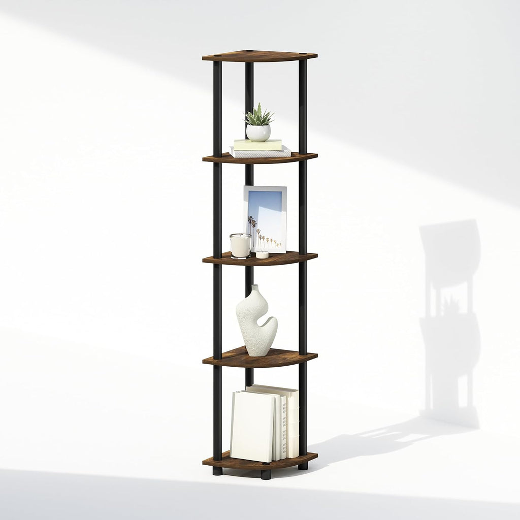 Turn-N-Tube Storage Shelves, 5-Tier Book Shelf, Corner Shelf with Open Shelves, Toollesss Assembly, for Organization and Storage, Living Room, Home Office, Hallway, Bedroom, Amber Oak