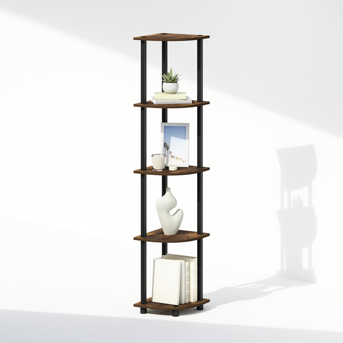Turn-N-Tube Storage Shelves, 5-Tier Book Shelf, Corner Shelf with Open Shelves, Toollesss Assembly, for Organization and Storage, Living Room, Home Office, Hallway, Bedroom, Light Oak