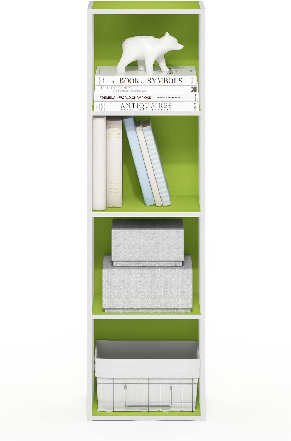 PASIR Book Shelf, 4-Tier Modern Bookshelf, Open Shelves Bookcase 9 x 12 x 42, Easy Assembly, for Living Room, Bedroom, Home Office, Green/White