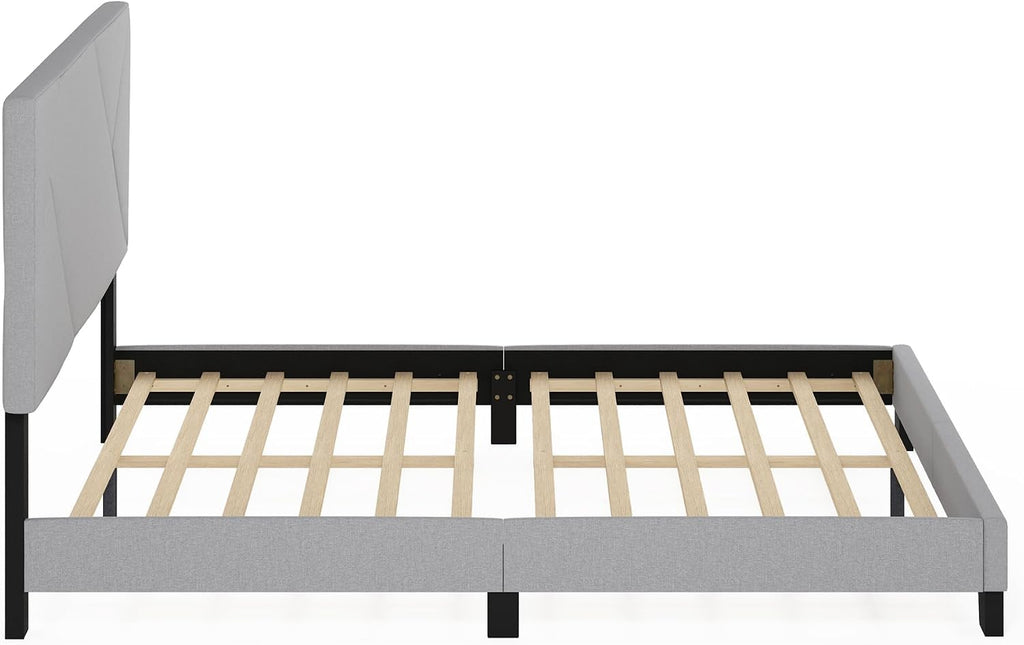 Skylar Queen Size Bed Frame with Geometric Design Upholstered Headboard, Bedframe with Adjustable Headboard, No Box Spring Needed, 12pcs Wooden Slat Support, for Bedroom, Dorm, Light Grey