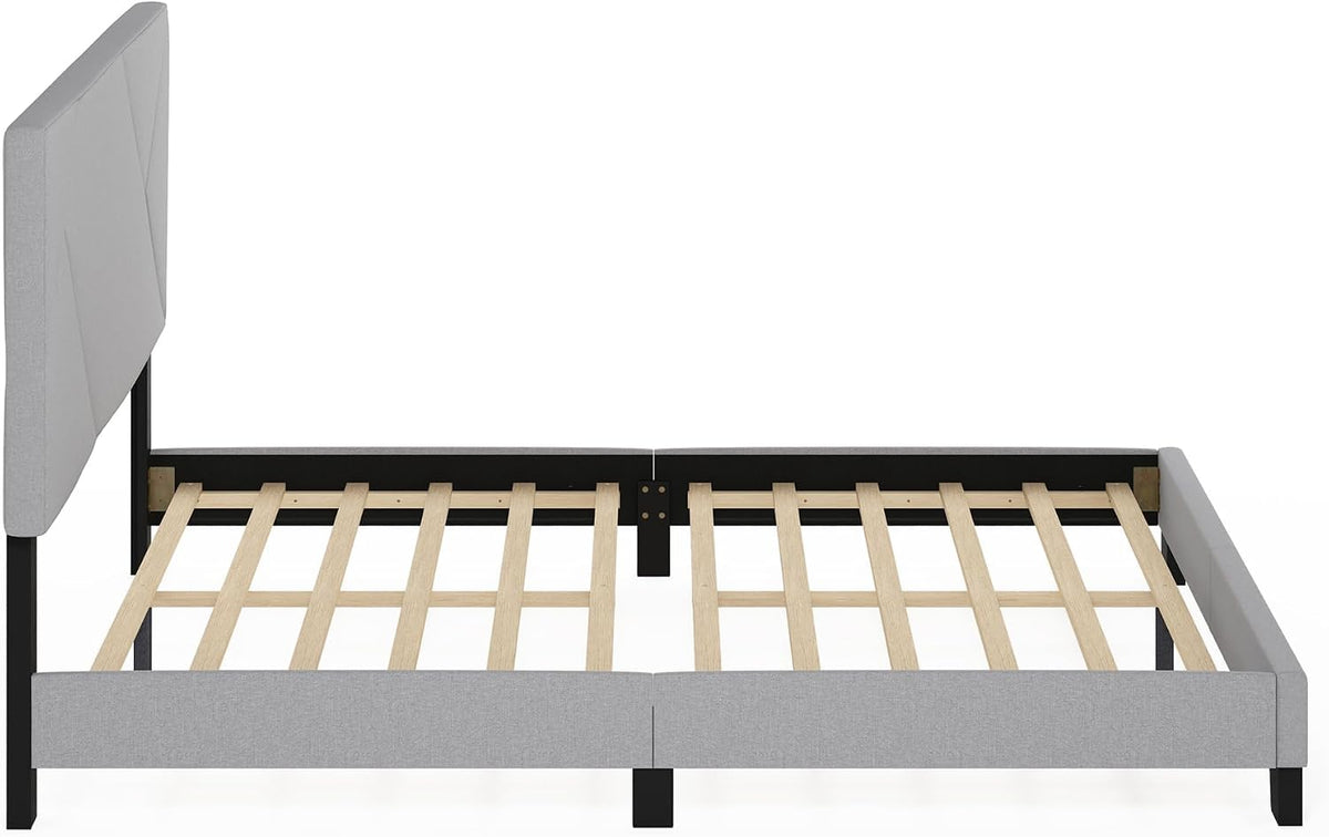 Skylar Queen Size Bed Frame with Geometric Design Upholstered Headboard, Bedframe with Adjustable Headboard, No Box Spring Needed, 12pcs Wooden Slat Support, for Bedroom, Dorm, Light Grey
