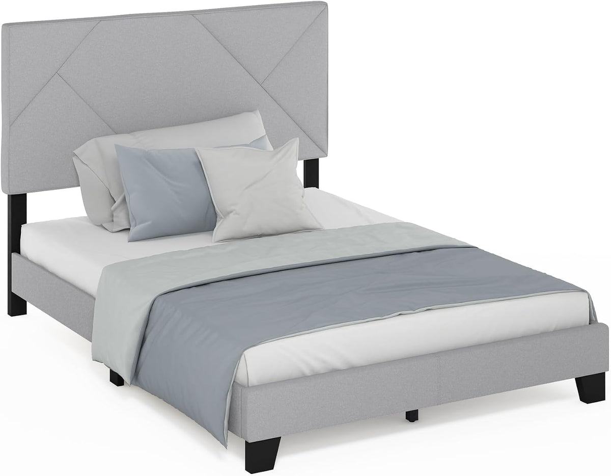 Skylar Bed Frame, Full Size Bedframe with Geometric Design Upholstered Headboard, Bed with Adjustable Headboard, No Box Spring Needed, 12pcs Wooden Slat Support, for Bedroom, Dorm, Glacier