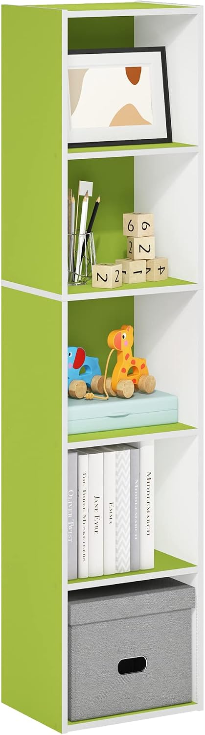 PASIR Book Shelf, 5-Tier Modern Bookshelf, Open Shelves Bookcase 9 x 12 x 52, Easy Assembly, for Living Room, Bedroom, Home Office, Green/White