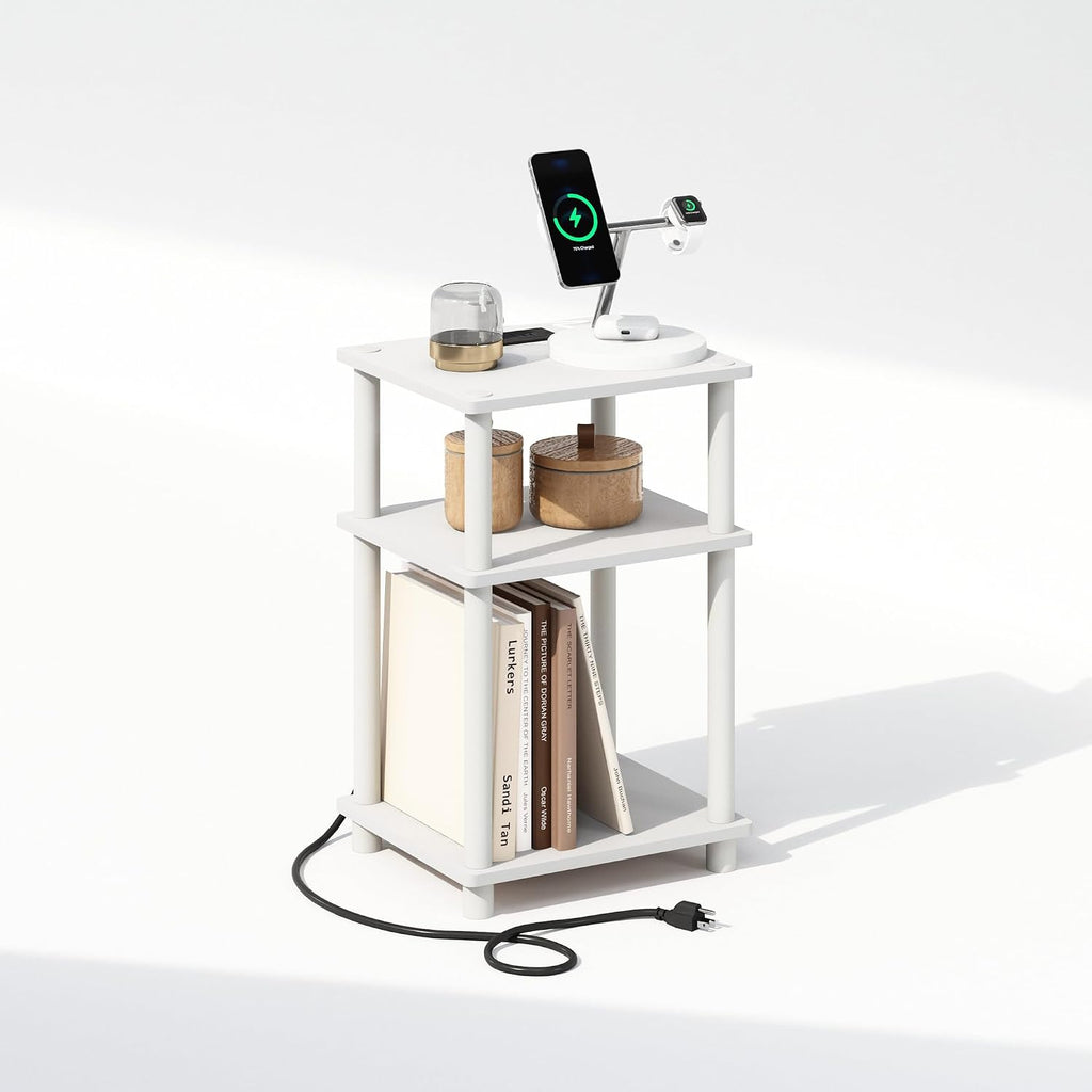 JUST 3-Tier Night Stand with Charging Station, White