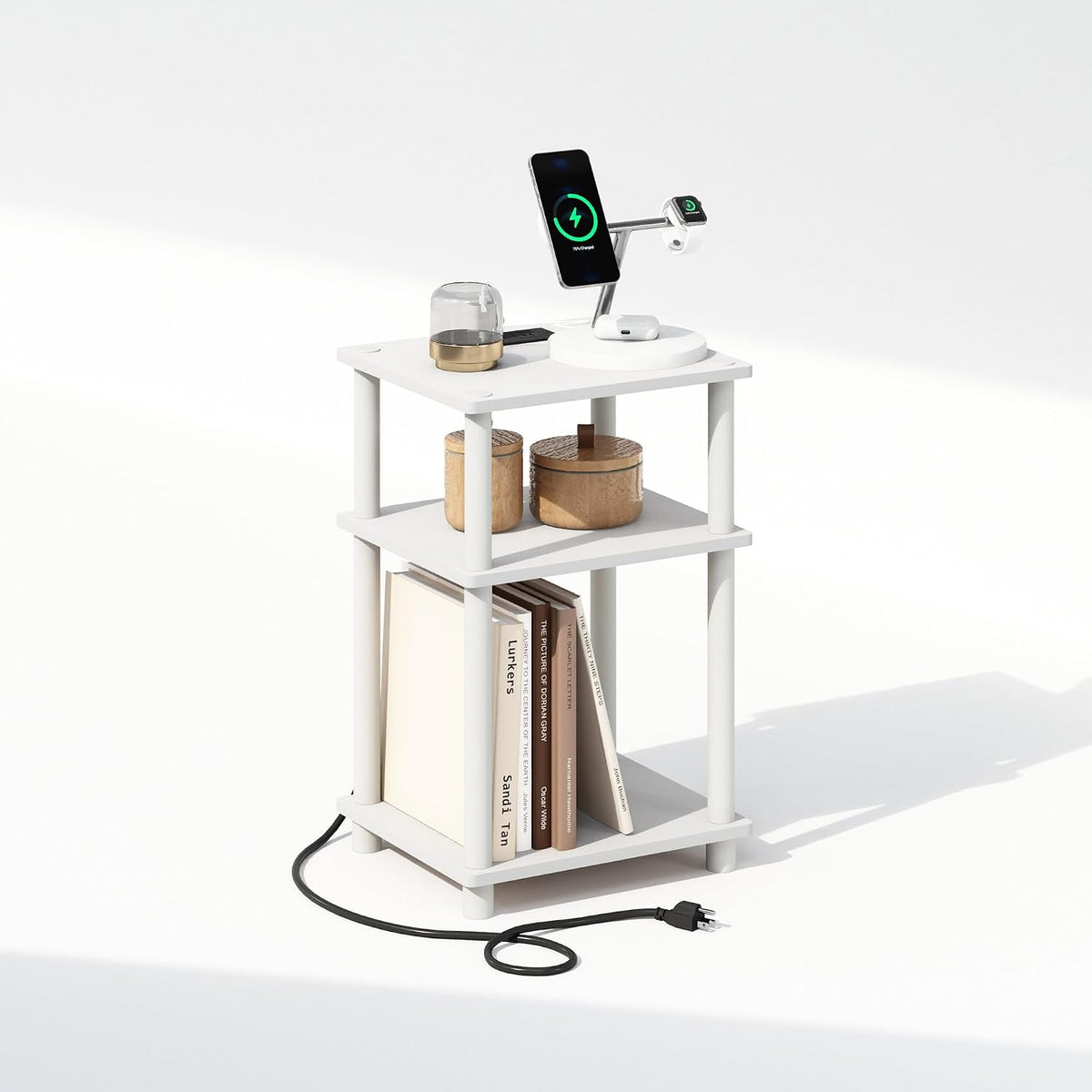 JUST 3-Tier Night Stand with Charging Station, White